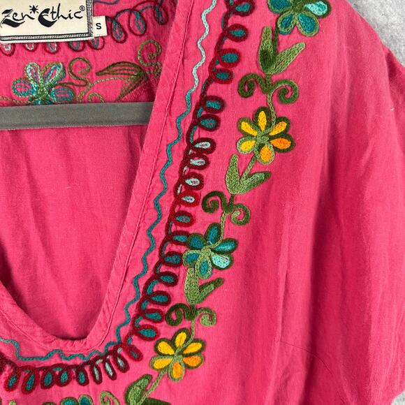 Zen Ethic Embroidered Mini Dress Size Small Pink Ruffle Dress Tunic Hippie Boho - Picture 8 of 10